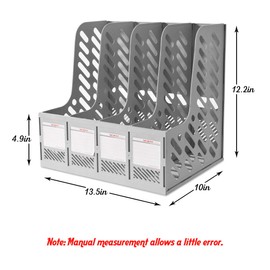 SAYEEC 4 Compartment File Holder Folder Grid Bookshelf Magazine Organizer Plastic File Frame Desktop with Blank Labels A4 Notebook Storage Assemble File Box for Work/Office/Study (Grey)