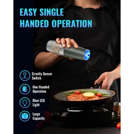 Sweet Alice Gravity Electric Pepper and Salt Grinder Set, Adjustable Coarseness, Battery Powered with LED Light, One Hand Automatic Operation, Dark Green, 2 Pack