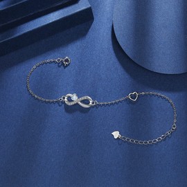 Arrebol Infinity Bracelet Women's 925 Sterling Silver Infinity Love Symbol Heart Zirconia Bracelets Adjustable Charm Bracelet 16 + 4 cm, Sterling Silver, Cubic Zirconia