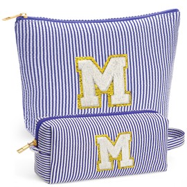 Fohufo Initial Cosmetic Bag Set - Travel Bag Makeup Pouch, Makeup Bag with Zipper Make up Kit Preppy Stuff Birthday Gifts for Women Travel Essentials Travel Bag (Blue Letter M)