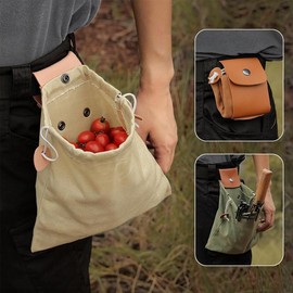SHIDXIB 2Pcs Convenient Belt Bag Design Military green and Brown Collapsible Foraging Bag for Harvesting Fruits And Berries On Hiking And Camping Trips Durable Leather And Canvas Material