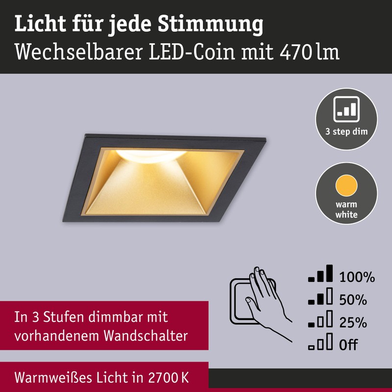 Paulmann Cole 93129 LED Recessed Light 3-Step-Dim IP44 Square 88