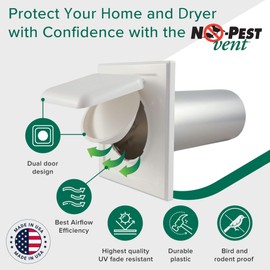 NO-PEST VENT, Exclusive Dual Door Dryer Vent Cover Outdoor 4 inch, Made in USA w Highest UV Resistant Plastic in any Outdoor Vent Cover (White, 4 inch With 12" Duct Tube)