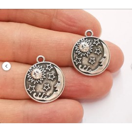 Fashion Jewelry Small SUN MOON FACE STAR Charm on 20" 925 Plated Sterling Silver Necklace Women