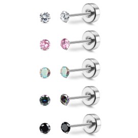 MILACOLATO Titanium Earrings for Men and Women, 5 Pairs G23 Titanium Stud Earrings for Sensitive Ear Piercing, Rainbow 5A Cubic Zirconia Stud Earrings, Hypoallergenic, 20G Flat Back Ear Piercing Stud