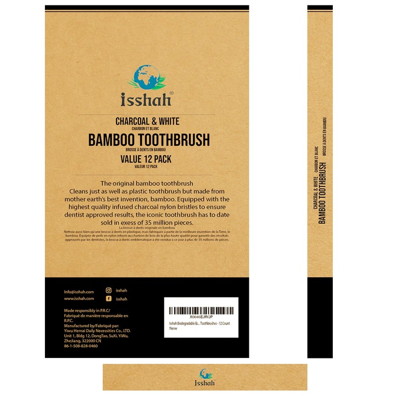 Isshah Biodegradable Eco-Friendly Natural Bamboo Charcoal Toothbrushes, FSC Certified and