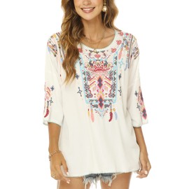 Vakakado Boho Embroidery Blouse Hippie Clothing Women's 70s 80s Clothing Bohemian Folklore Embroidered Tunic 3/4 Sleeve Elegant Tops, White-2XL