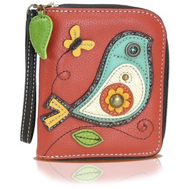 CHALA Zip Around Wallet, Wristlet, 8 Credit Card Slots, Sturdy Pu Leather - Bird - Brick Red