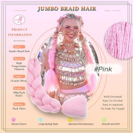 Ombre Braiding Hair 24 Inch Synthetic Hair Extensions for Braiding 3Pack/Lot Pre Stretched High Temperature Crochet Braiding Hair (#A16 Pink)