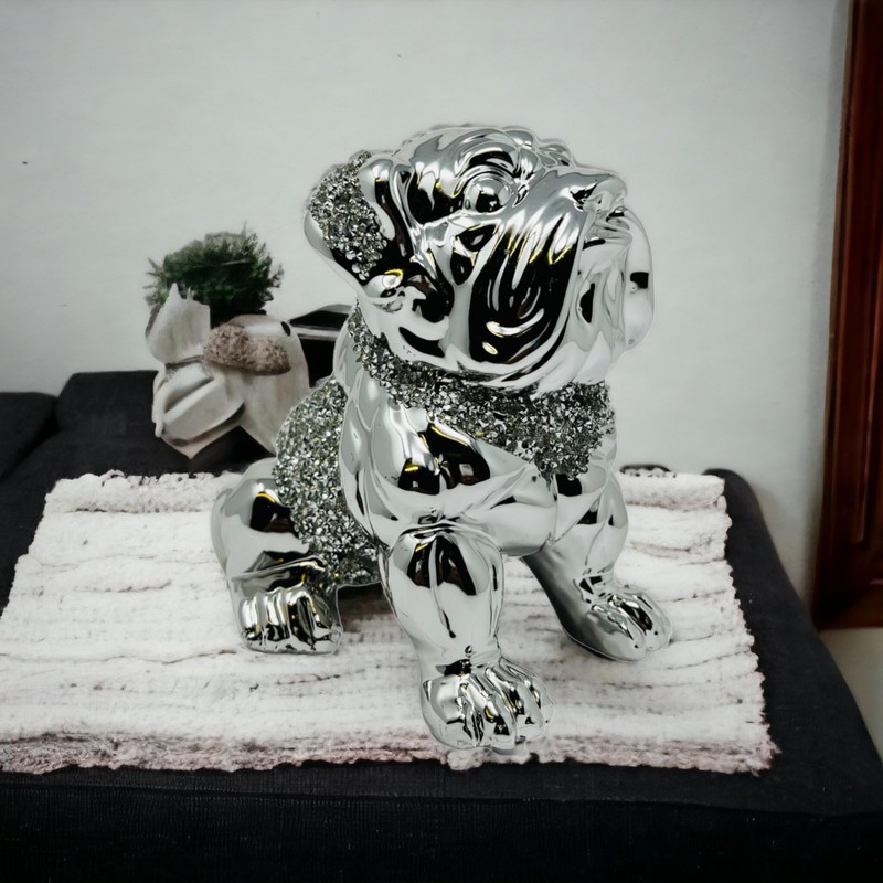 LondonMart Crushed Diamond Silver Bull Dog Ceramic Sparkly Crowned Puppy