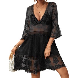 Bsubseach Mujer Vestido Corto de Encaje de Playa Trajes de baño Cover Up Cubrir Bikini Camisola y Pareos para Vacaciones Negro