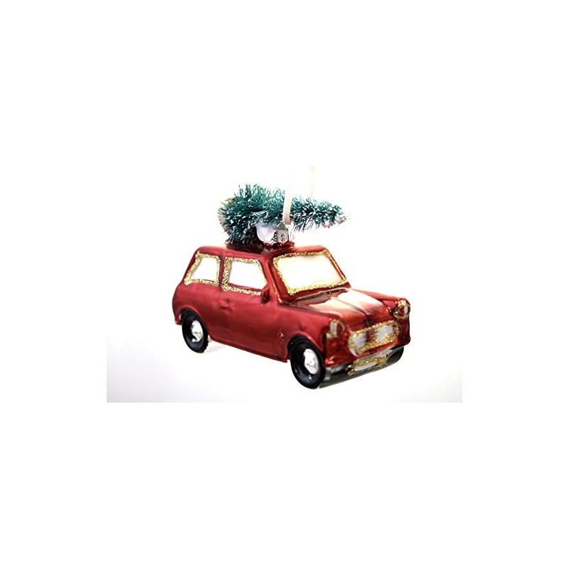 Festive Red Retro Mini with Christmas Tree on Roof Bauble
