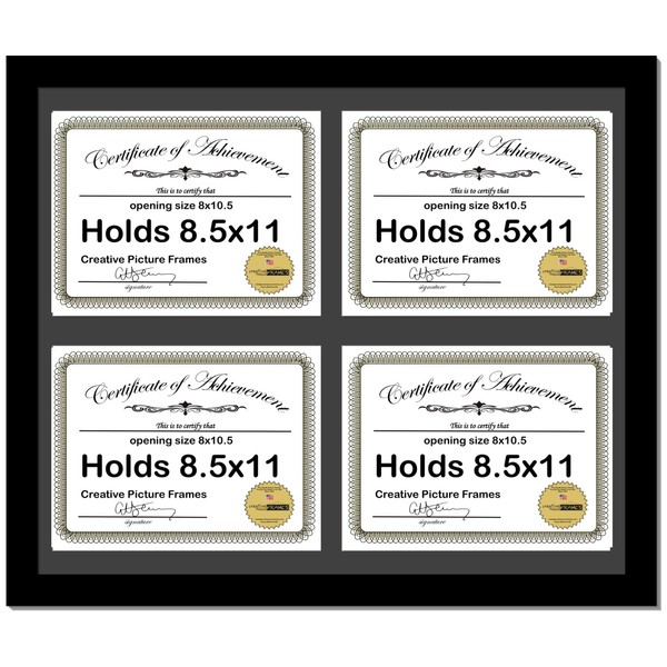 CreativePF [8511-20x24bk-b] Black Horizontal 8.5x11 Diploma Frame with 4 Opening Black Mat, Holds 4 8.5x11 inch Documents with Wall Hanger