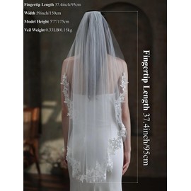 AiberLisha Fingertip Length Floral Edge Wedding Bridal Veil with Comb for Bride Ivory