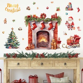 HLNIUC Large Hearth Fireplace Wall Decals 35”x24”Gold Merry Christmas Wall Decor Cartoon Santa Claus Wall Hanging Stickers Grinch Xmas Tree Window Clings Christmas Eve Home Decorations for Living Room