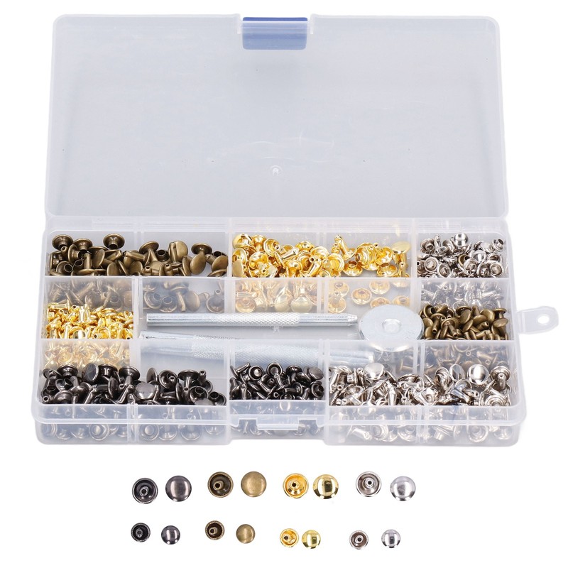 240Pcs Leather Rivet Double Caps Tubular 2 Sizes Metal Set