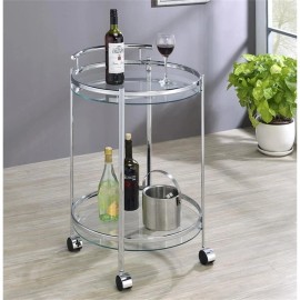 Maklaine 2-tier Contemporary Round Glass Bar Cart in Chrome and Clear