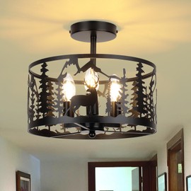 CLARSYNE Rustic Black Semi Flush Mount Ceiling Light Fixture - 3-Light Metal Deer and Forest Design Lamp, Modern Industrial Farmhouse Chandelier for Kitchen, Bedroom, Hallway, Dining Room
