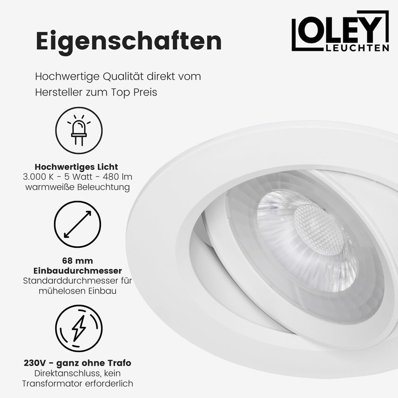 Oley Leuchten® NUVA LED Recessed Spotlight, 230 V, Flat Spotlight,