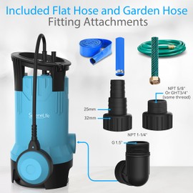 SereneLife Submersible Sump Pump 750W 1HP 3302GPH Bonus 2 Fitting Attachments for USA Garden and Flat Hose, Clean Dirty Water and Auto Float Switch Garden, Yard, Swimming Pool, Tub, Pond 16ft Cable