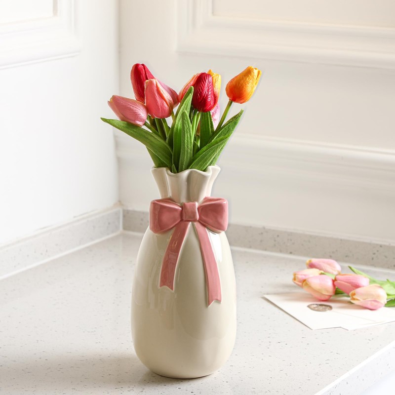 Jingmore Bow Vase, 9.3 Inch White Ceramic Flower Vase with