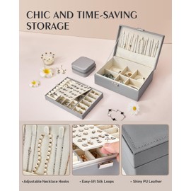 Flamesio Jewelry Box Organizer for Women - 2 Layer Jewelry Organizer Set with Small Travel Jewelry Case for Girls Ring Earring Necklace Bracelet, PU Leather Jewelry Boxes with Removable Tray (Grey)