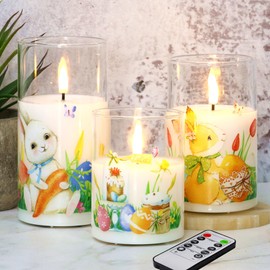 Eywamage Easter Flameless Candles with Remote, Glass LED Pillar Candles Flickering Battery Operated Spring Home Table Decor Set of 3