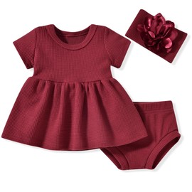 Unutiylo Baby Girls Clothes Infant Knit Outfits Short Sleeve Tunic Tops and Shorts Girls Set Wine Red Clothe 3-6 Months Play Wear Baby Girl Spring Summer Outfits 3-6M