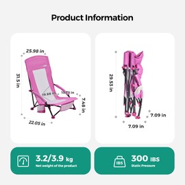 SUNNYFEEL Folding Beach Chair, High Back Beach Chairs for Adults, Lightweight Portable Camp Chair 300lbs Heavy Duty with Carry Bag, Cup Holder for Outdoor Travel Picnic Concert, 2 Pack, Pink