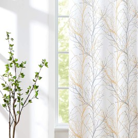 FMFUNCTEX Yellow-Grey Tree Curtain for Patio Door 100" Extra Wide 96" Sliding Door Panel Branch Print Linen Textured Privacy Semi Sheer Curtain Drapes 1 Panel 8ft