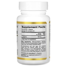 California Gold Nutrition, L-Theanine, AlphaWave Included, 100mg, 30 Veg Capsules / California Gold Nutrition (캘리포니아골드뉴트리션), L-테아닌, AlphaWave 함유, 100mg, 베지 캡슐 30정