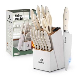 Knife Set, KUNYUAN 15 pieces Knife Sets for Kitchen,High Carbon German Stainless Steel Knife Block Set with Built in Sharpener Block,Dishwasher Safe Kitchen Knives, White