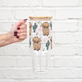 Sip-Sip Hooray! 40oz OR 32oz  Highland Cow & Cactus Glass Tumbler – Cute Cup with Handle, Lid & Straw, Highland Cow Lover Gift, Reusable Aesthetic Drinkware:_40oz Glass Tumbler with Lid and Straw