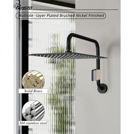 PHASAT Rain Shower Head With Extension Arm,304 Stainless Steel Rainfall Shower Head With S shaped Shower Arm,12'' High Pressure Square Shower Head 16.6'' Arm,Matte Black PU9H09