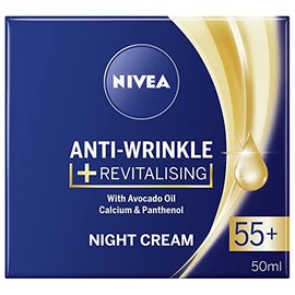 NIVEA Crema de noche restauradora antiarrugas 55+ - Crema hidratante regeneradora rica con aceite de aguacate, calcio y pantenol, 1.7 fl oz de cuidado de la piel madura para renovación nocturna