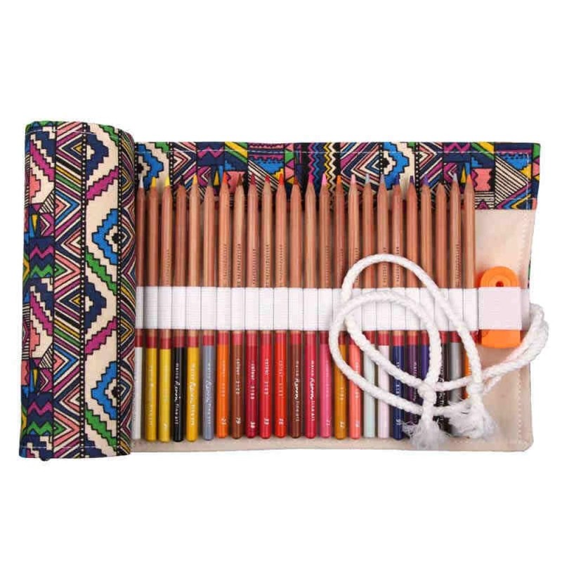 Roll-Up Canvas Pencil Wrap, Colouring Pencil Roll Bag Holder Storage
