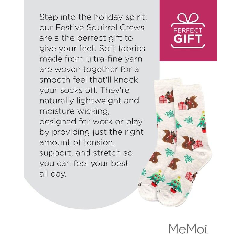 MeMoi Women's Festive Squirrel Crew Socks Oatmeal Heather 9-11
