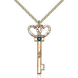 Bonyak Jewelry Gold Filled Small Key w/Double Hearts Pendant w/ 3mm May Green Crystal 1 1/4 X 1/2 inches w/ 18 inch Curb Chain