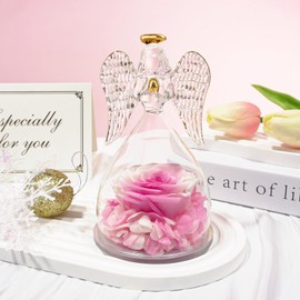 Sunia Preserved Flower Rose Birthday Gifts for Mom, Glass Angels Figurines Gifts for Women Grandma Mothers, Forever Real Flowers Unique Gifts for Valentine Mother's Day Anniversary Thanksgiving ﻿