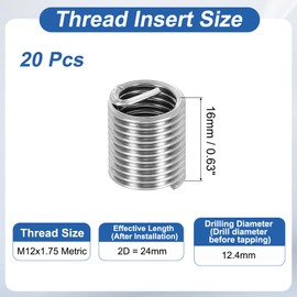 PATIKIL Wire Thread Inserts M12x1.75 Metric 2D 24mm, 20Pcs 304 Stainless Steel Helical Coiled Wire Screw Threaded Sleeve Sheath for Mechanical Equipment Automotive Repairs