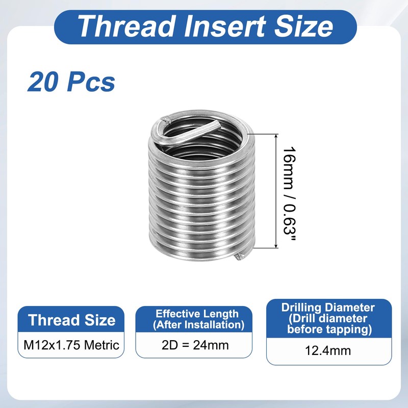 PATIKIL Wire Thread Inserts M12x1.75 Metric 2D 24mm, 20Pcs 304