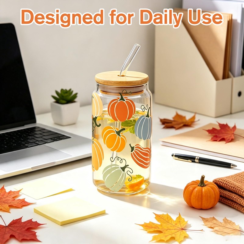 Fall Cups, 16oz Autumn Pumpkin Iced Coffee Glass Cup with