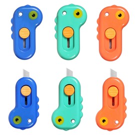 Harita Box Cutter Utility Knife Mini Retractable Lanyard Hole, Alloy Steel Blade, 6 Piece, Lightweight Letter Opener, Cute Animal Shaped Dinosaur