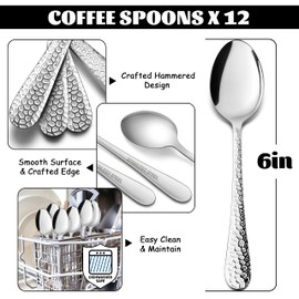 E-far 12-Piece Small Coffee Spoons, 6-Inch Stainless Steel Mini Espresso Spoons for Coffee/Sugar/Tea, Hammered Design & Rust Free, Dishwasher Safe