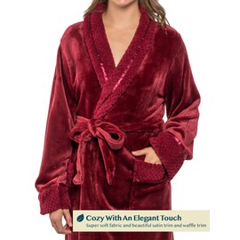 PAVILIA Soft Plush Women Fleece Robe, Burgundy Wine Red Cozy Bathrobe, Female Long Spa Robe, Warm Housecoat, Satin Waffle Trim, L/XL