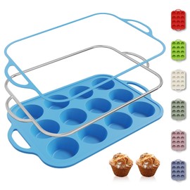 12 Cups Silicone Muffin Pan with Metal Reinforced Frame Regular Size Cupcake Pan Tray Egg Bites Silicone Circle Cookie Molds Muffin Tin Tray Tart Pans Kitchen Baking Mold Tools for Cooking