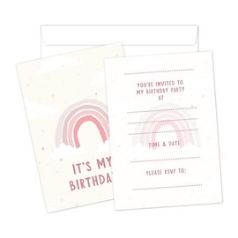 Manta Makes 12 x Pink rainbow birthday invitations for girls, party invites for girls birthday party, pink party invitations for kids (12 Invites and envelopes)