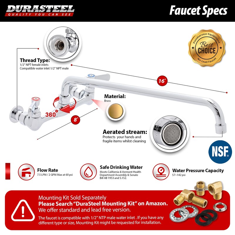 DuraSteel Commercial Kitchen Sink Faucet - No Lead 8" Center