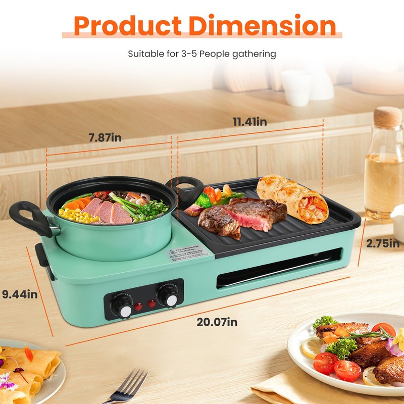 3 in 1 Electric Hot Pot with Grill, 1600W Smokeless