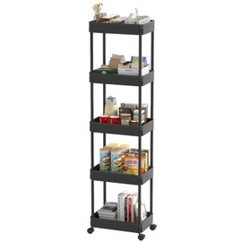 Sooyee 5-Tier Plastic Rolling Utility Cart with Wheels, Multi-Functional Storage Trolley for Office, Living Room, Kitchen, Movable Storage Organizer with Wheels,Black